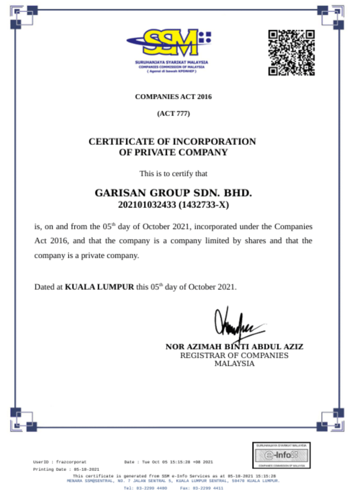 Registration of Company